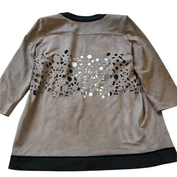 Ming Wang Heritage Laser Cut Faux Suede Open Jacket M Tan Black EUC - Picture 2 of 15